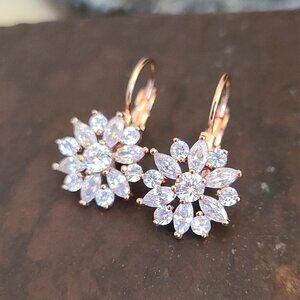 Rose Gold CZ Earrings Flower Design Leverback
